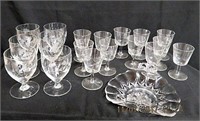 Etched glass stemware and rolled edge serving
