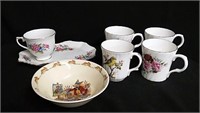 4 Bone china mugs, teacup with matching sandwich
