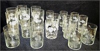 6 Rose decorated water glasses, 6 juice,