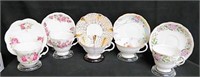5 English bone china cups and saucers, including