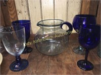 Mexico glass - cobalt accent pitcher & stems