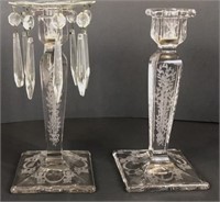 Pair of 8 1/2" Etched Candlesticks