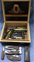 Cigar box with 18 pocket knives and 3 combination