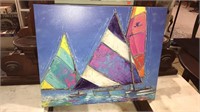 Colorful oil on canvas print of sailboats, 24 x