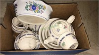 Box lot of pottery dishes including cups mixing