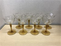 8 Cornflower Glasses With Amber Glass Stems