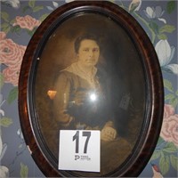 FRAMED ANTIQUE PORTRAIT WITH CONVEX GLASS 23X17