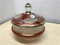 Gold & Cranberry Overlay Covered Candy Dish