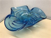 Blue Art Glass Bowl Curled In Edges