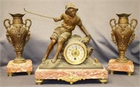 3 pcs. French Marble & Brass Mantel Clock Set