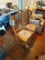 Pair Of Oak Cane Seat Carved Back Chairs