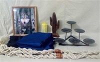 Blackout curtains, Navy, wood cactus, candle
