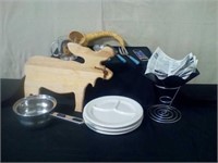 Moose cutting board, Fry Basket and papers,