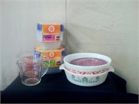 Pyrex measuring cups, glass mixing bowls,