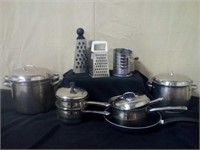 Pots and pans, cheese grater's, and sifter