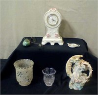Mantel clock, candle holders, Angel figurine,
