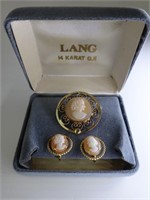 Vintage 12K Gold Filled Carved Brooch & Earring