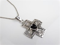 925 Silver Cross w/ Black Onyx Heart Pendant Chain