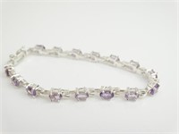 925 Silver and Amethyst Gemstone Link Bracelet 7"