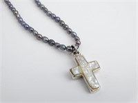 925 Silver & Pearl Cross Pendant w/ 16" Necklace