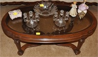 OVAL, OAK GLASS TOP COFFEE TABLE