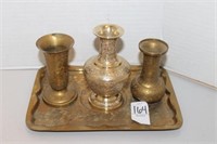 BRASS SERVING TRAY WITH VASES