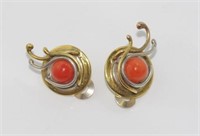 Two tone 9ct gold and coral clip earrings