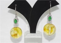 Honey amber and green stone earrings