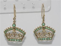 9ct yellow gold, emerald & diamond crown earrings