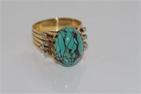 9ct yellow gold, turquoise and diamond ring