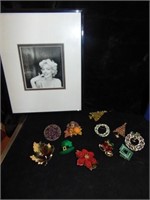 Marilyn Monroe Picture W/Vintage Holiday Brooches