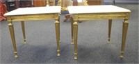 Pair of square gilt coffee tables with marble tops