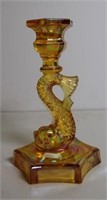 Marigold carnival glass fish candlestick