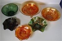 Six assorted vintage carnival glass bowls