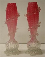 Pair Victorian pink posy glass vases