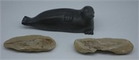 Carved stone seal & 2 ancient fossils