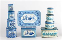 CHILDREN'S TIN LITHO BLUE AND WHITE CANISTERS SETS