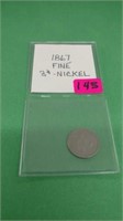1867 3 cent Nickel Fine