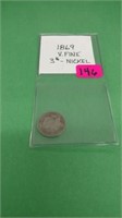 1869 3 cent Nickel V.F.