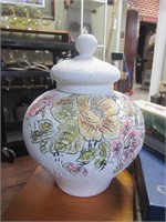 Lg. Floral Pottery Vase w/Lid