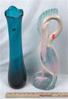 Blue Glass Vase and Painted Wood Pelican Sculpture