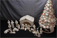 Nativity Set & Ceramic Light Up Tree w/ Bulbs