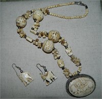 Vintage Carved Bone Elephant Necklace& Earrings