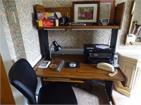 Printer, desk, chair & office supplies.