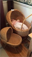 Wicker Doll Carriage With Doll Plus Doll Bed