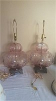 Pair Pink Glass Decorated Table Lamps