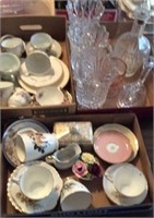 (3) Boxes Cups & Saucers Glass Vases Etc