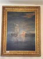 Painting Of Ship In Full Sail At  Dock In England