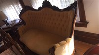 Victorian Carved Settee Gold Velvet Tufted Fabric