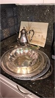 Group of silver plate tray’s, coffee pot with